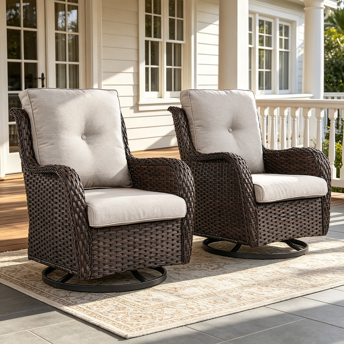 POCASSY Wicker Outdoor Swivel Rocking Chairs - 2 Piece Oversized Swivel Rocker Porch Chairs Set Rattan Chair for Outdoor Porch Deck Garden Backyard