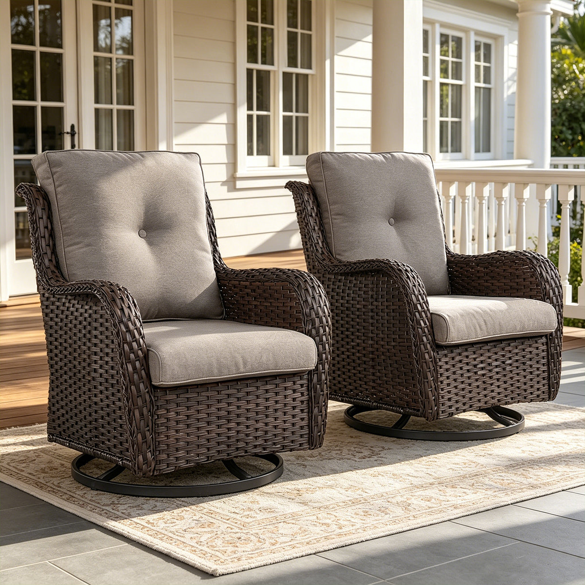 POCASSY Wicker Outdoor Swivel Rocking Chairs - 2 Piece Oversized Swivel Rocker Porch Chairs Set Rattan Chair for Outdoor Porch Deck Garden Backyard