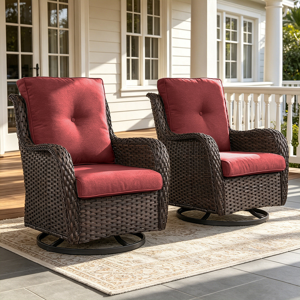 POCASSY Wicker Outdoor Swivel Rocking Chairs - 2 Piece Oversized Swivel Rocker Porch Chairs Set Rattan Chair for Outdoor Porch Deck Garden Backyard