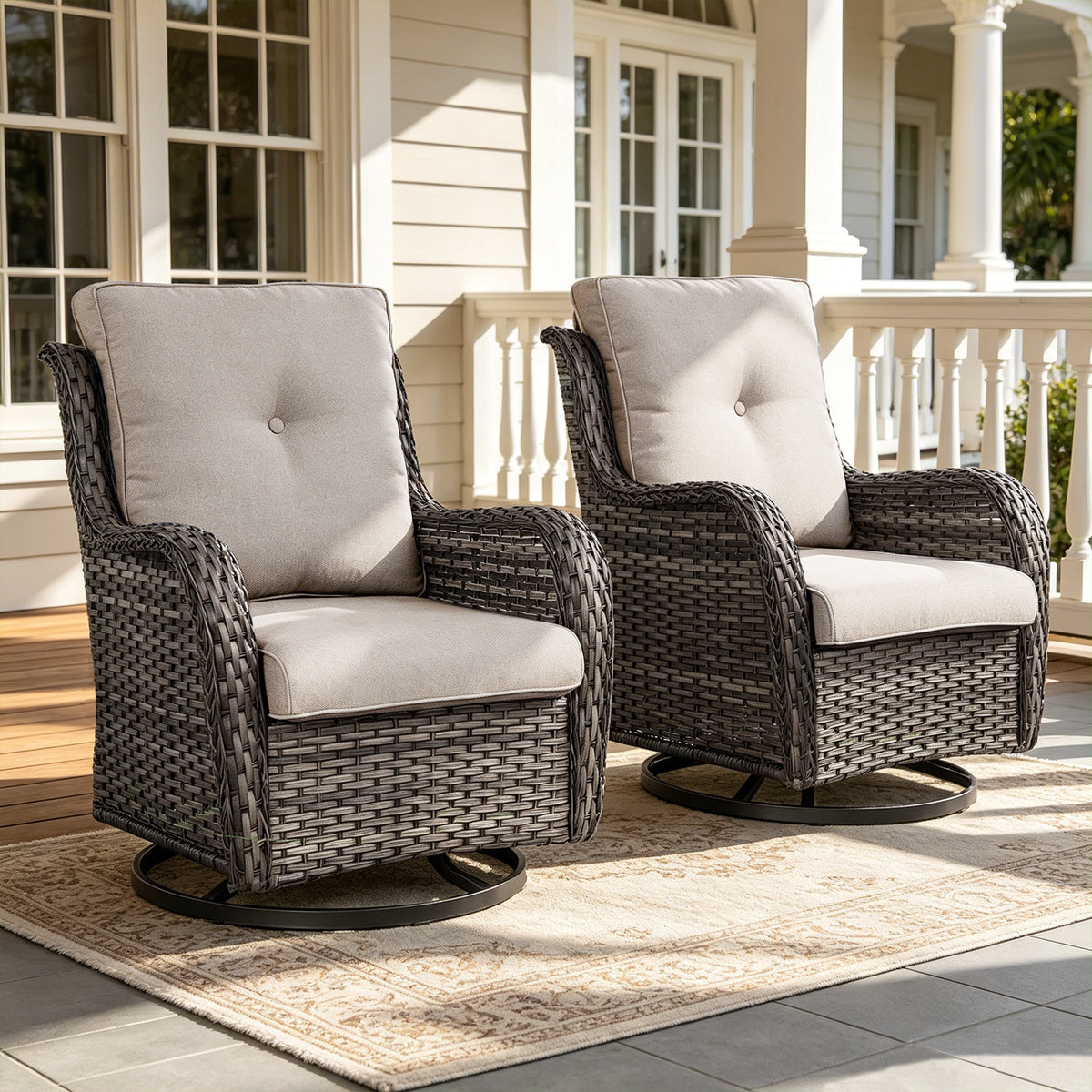 POCASSY Wicker Outdoor Swivel Rocking Chairs - 2 Piece Oversized Swivel Rocker Porch Chairs Set Rattan Chair for Outdoor Porch Deck Garden Backyard