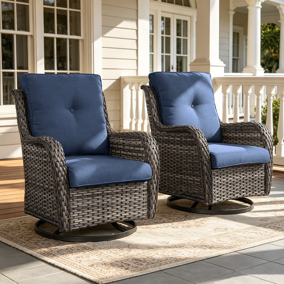 POCASSY Wicker Outdoor Swivel Rocking Chairs - 2 Piece Oversized Swivel Rocker Porch Chairs Set Rattan Chair for Outdoor Porch Deck Garden Backyard