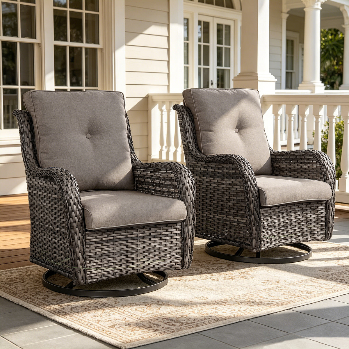 POCASSY Wicker Outdoor Swivel Rocking Chairs - 2 Piece Oversized Swivel Rocker Porch Chairs Set Rattan Chair for Outdoor Porch Deck Garden Backyard