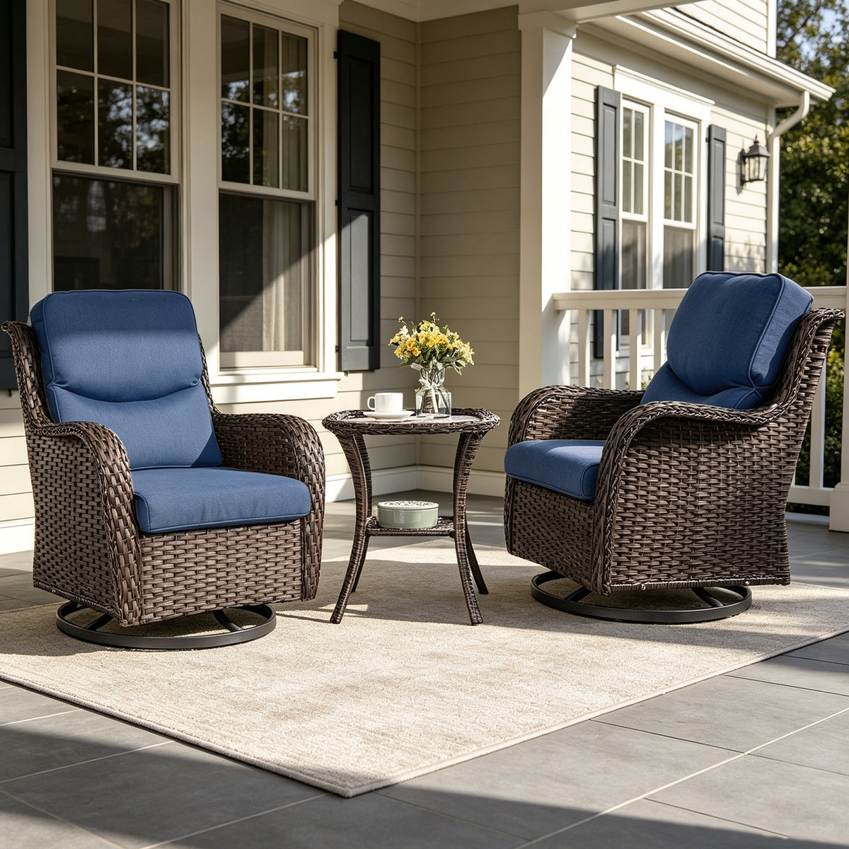 POCASSY 3 Pieces Patio Furniture Set, High Back Outdoor Swivel Chairs with Side Table, All Weather Wicker Patio Sets for Porch Garden Balcony