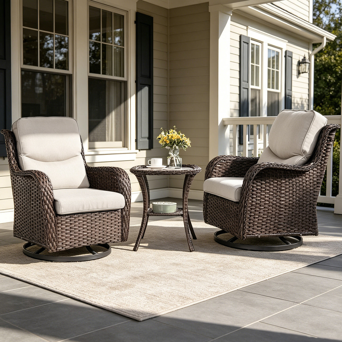 POCASSY 3 Pieces Patio Furniture Set, High Back Outdoor Swivel Chairs with Side Table, All Weather Wicker Patio Sets for Porch Garden Balcony