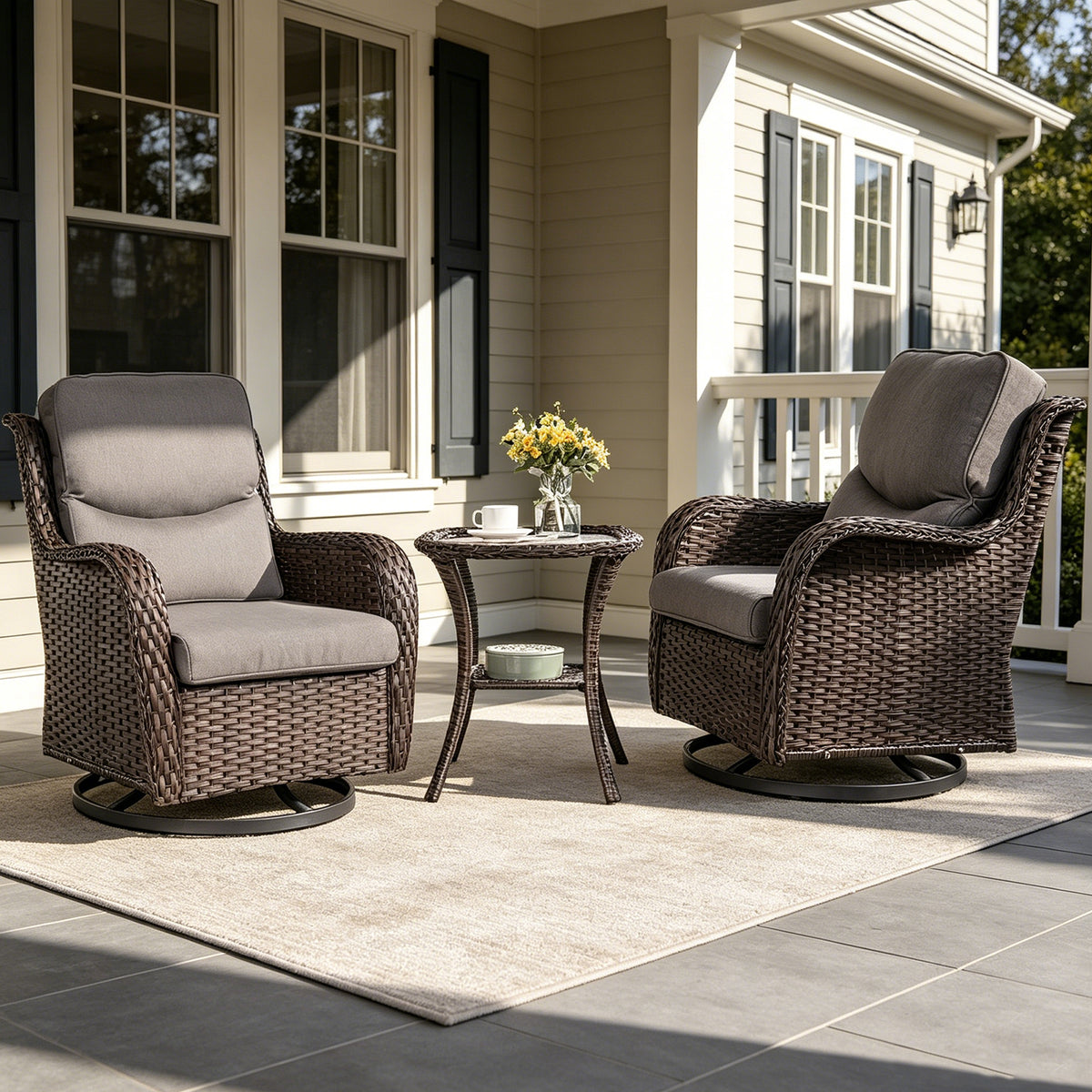 POCASSY 3 Pieces Patio Furniture Set, High Back Outdoor Swivel Chairs with Side Table, All Weather Wicker Patio Sets for Porch Garden Balcony