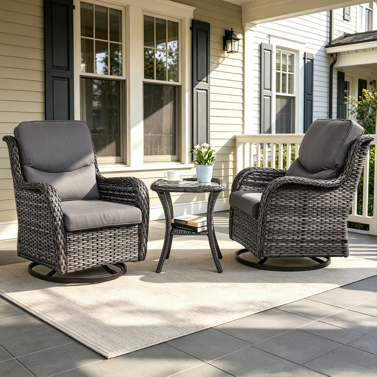 POCASSY 3 Pieces Patio Furniture Set, High Back Outdoor Swivel Chairs with Side Table, All Weather Wicker Patio Sets for Porch Garden Balcony