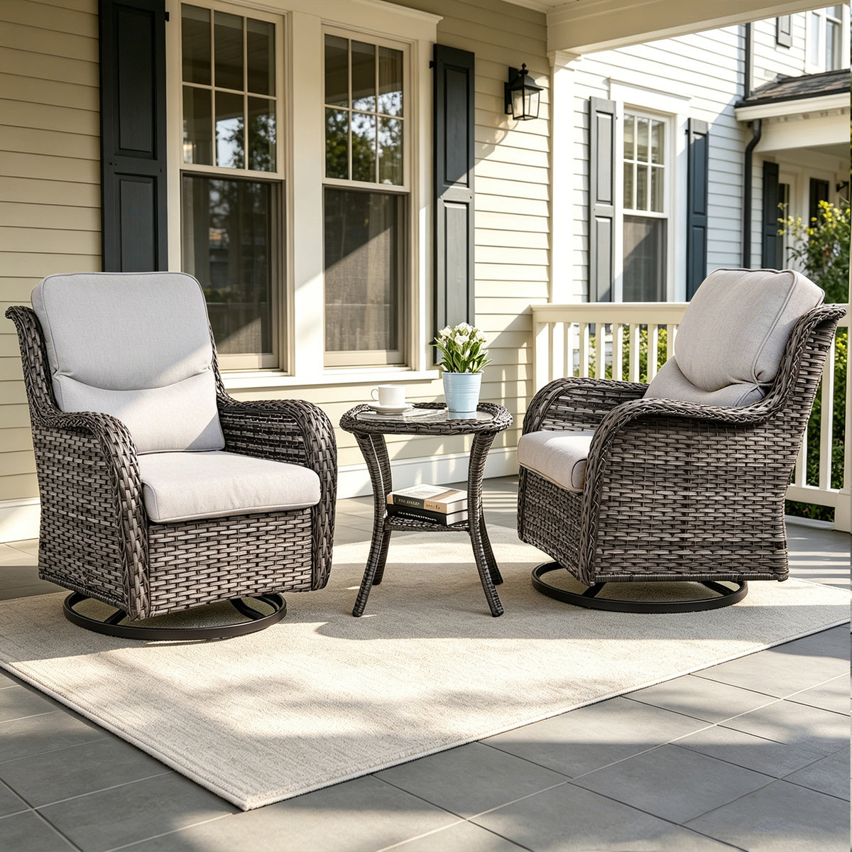 POCASSY 3 Pieces Patio Furniture Set, High Back Outdoor Swivel Chairs with Side Table, All Weather Wicker Patio Sets for Porch Garden Balcony