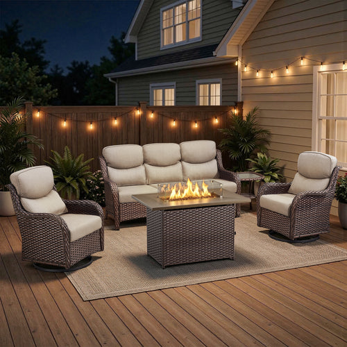 POCASSY 5-Piece Patio Furniture Set with Fire Pit Table, Luxury High Back Rattan Wicker Outdoor Conversation Set with 5-inch Thick Seat Cushion Sofa and Swivel Glider Patio Chair for Porch