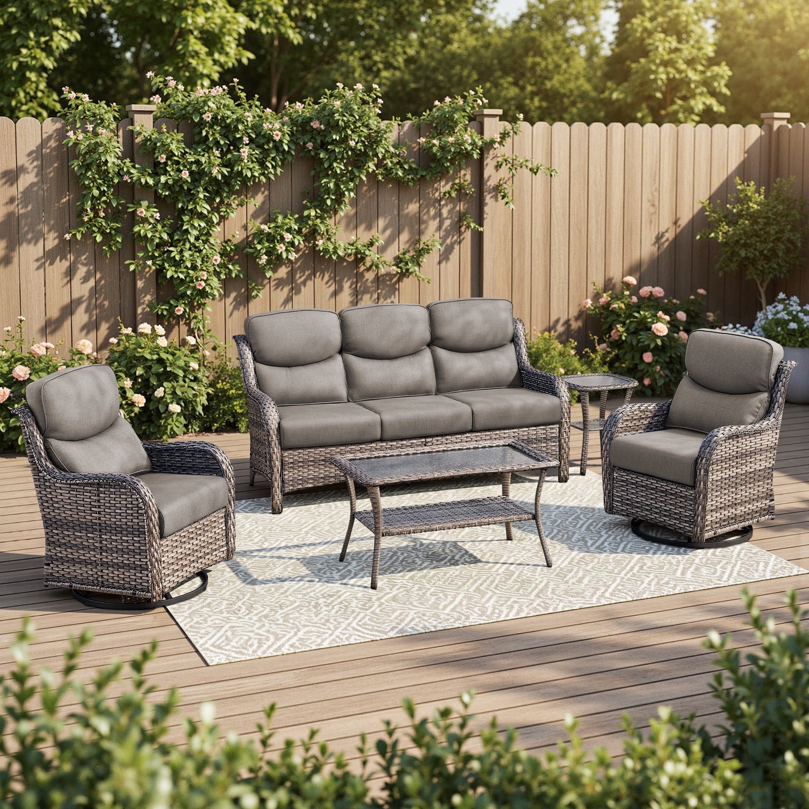 POCASSY 5PCS Outdoor Sectional Patio Furniture Set with Swivel Chairs, All Weather Wicker L Shape Outdoor Sectional Sofa Outdoor Conversation Set
