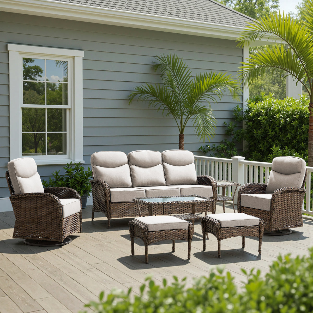POCASSY 7 Pieces Patio Furniture Set with 6-inch Thick Cushion, Brown Wicker High Back Outdoor Couch and Swivel Glider Patio Chairs, Sectional Patio Set Ideal for Front Porch Backyard