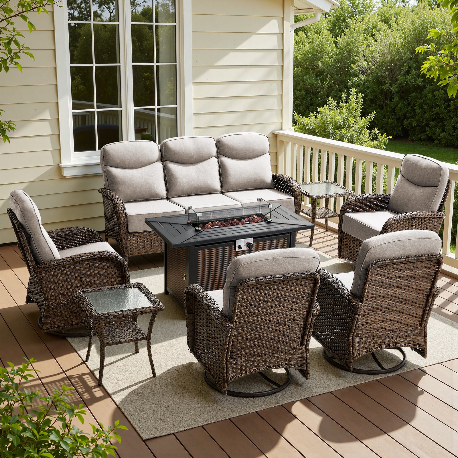 POCASSY 8 Pieces Outdoor Patio Furniture Set with Swivel Glider Chairs Set of 4, Wicker Conversation Set with 50000BTU Propane Fire Pit for Patio Porch Deck