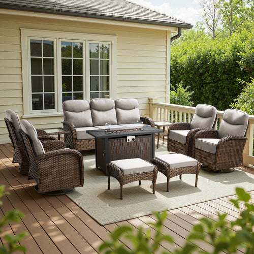 POCASSY 10 Pieces Patio Furniture Set with Firepit Table - 6 Inch Thick Cushion Outdoor Sectional Furniture with Swivel Glider Chairs, Sofa, Ottomans, Side Tables and Propane Metal Firepit Table