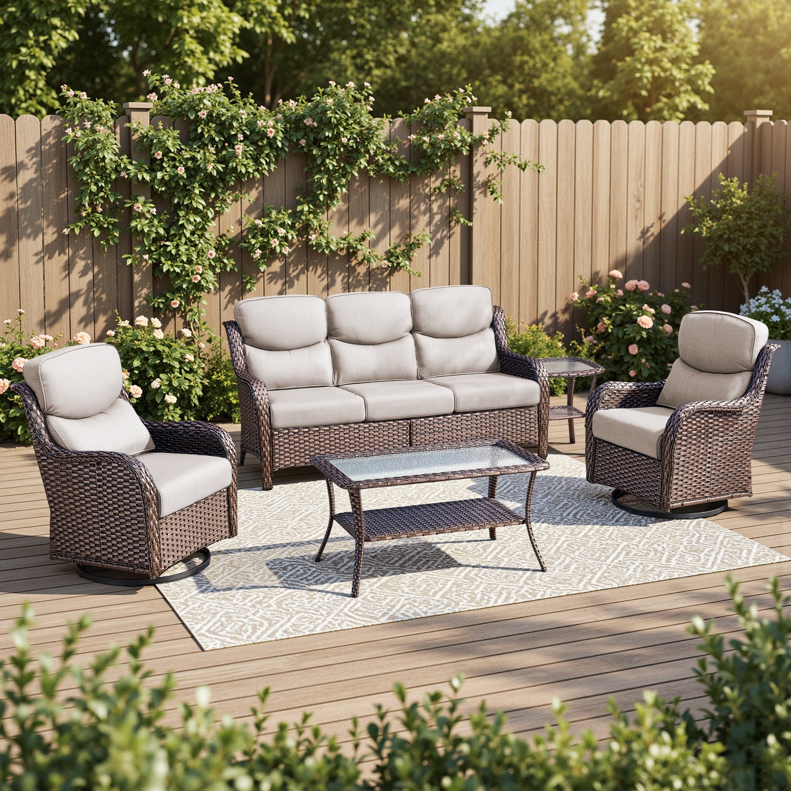 POCASSY 5PCS Outdoor Sectional Patio Furniture Set with Swivel Chairs, All Weather Wicker L Shape Outdoor Sectional Sofa Outdoor Conversation Set