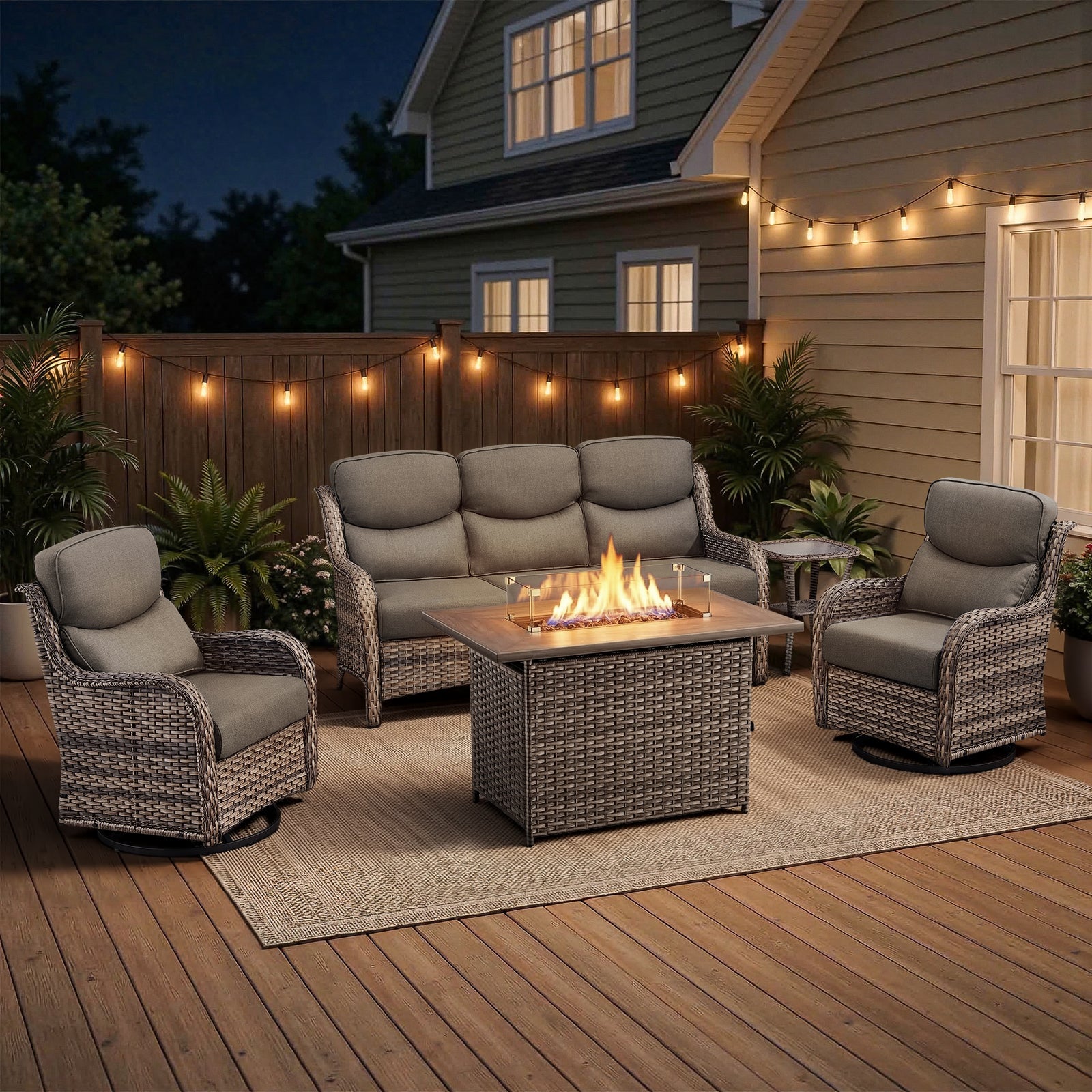 POCASSY 5-Piece Patio Furniture Set with Fire Pit Table, Luxury High Back Rattan Wicker Outdoor Conversation Set with 5-inch Thick Seat Cushion Sofa and Swivel Glider Patio Chair for Porch