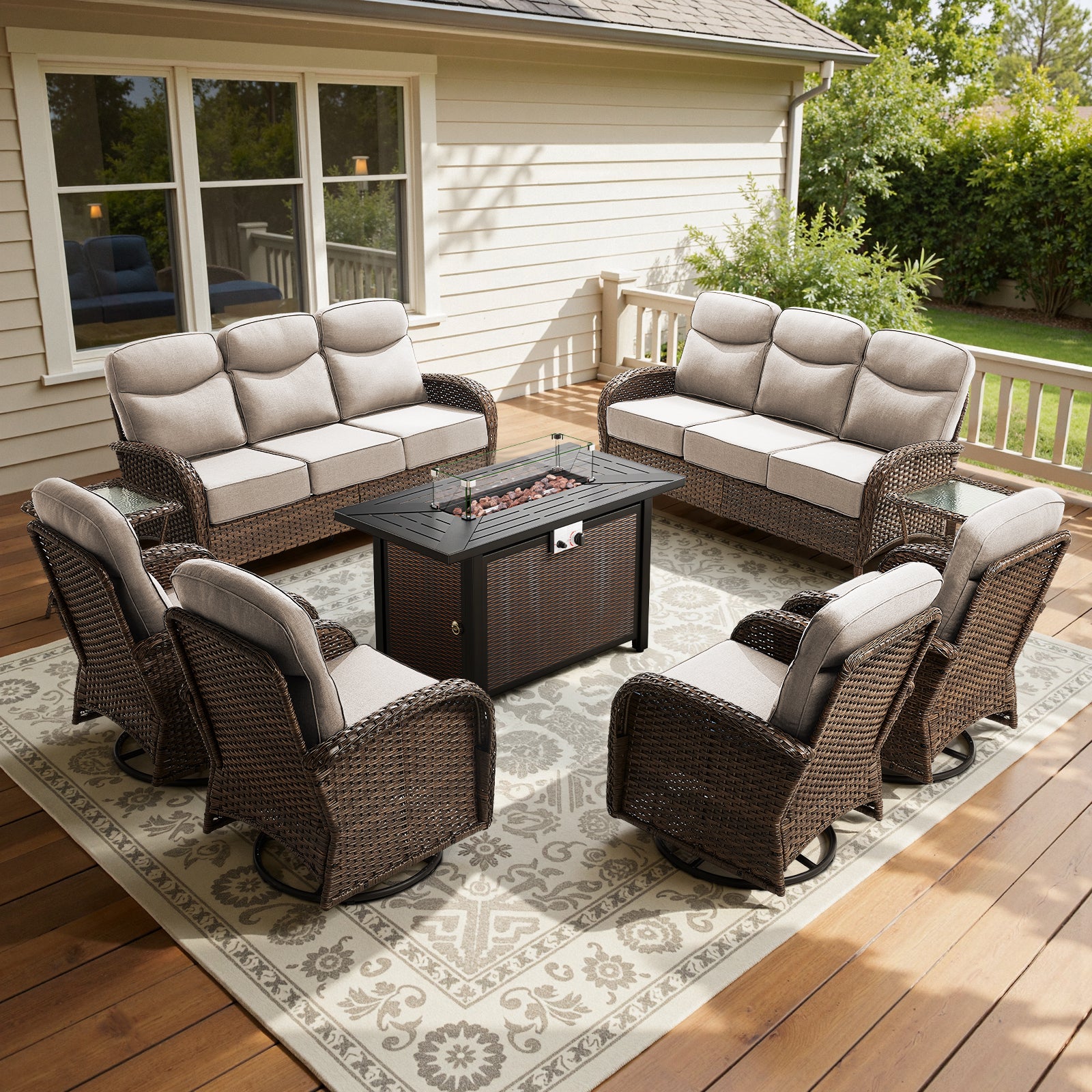 POCASSY 9-Piece Outdoor Patio Furniture Set with Firepit - 6 Inch Thick Cushion Outdoor Conversation Set with 2 Sofas, 4 Swivel Glider Chairs, 2 Side Tables, and Propane Fire Pit Table