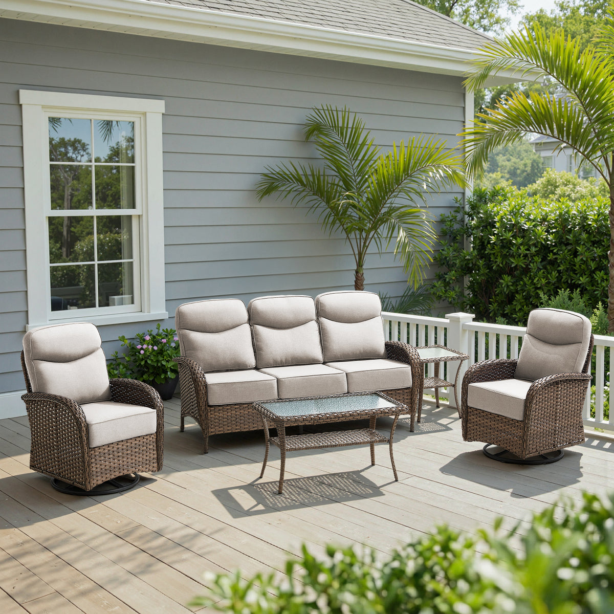 POCASSY 5 Pieces Patio Furniture Set with 6-inch Thick Cushion, Brown Wicker High Back Outdoor Couch and Swivel Glider Patio Chairs, Sectional Patio Set Ideal for Front Porch Backyard