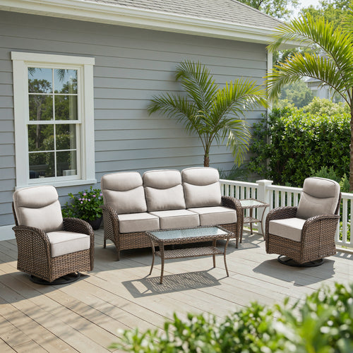 POCASSY 5 Pieces Patio Furniture Set with 6-inch Thick Cushion, Brown Wicker High Back Outdoor Couch and Swivel Glider Patio Chairs, Sectional Patio Set Ideal for Front Porch Backyard