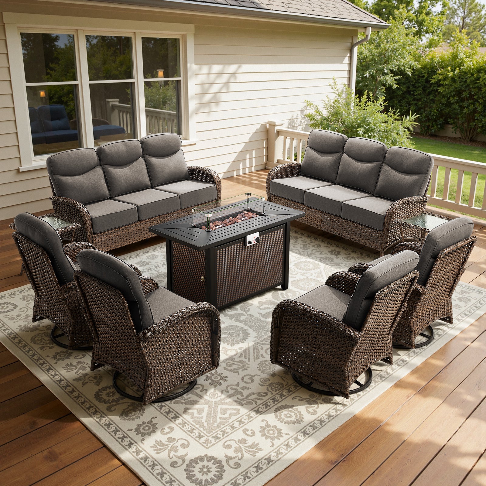 POCASSY 9-Piece Outdoor Patio Furniture Set with Firepit - 6 Inch Thick Cushion Outdoor Conversation Set with 2 Sofas, 4 Swivel Glider Chairs, 2 Side Tables, and Propane Fire Pit Table
