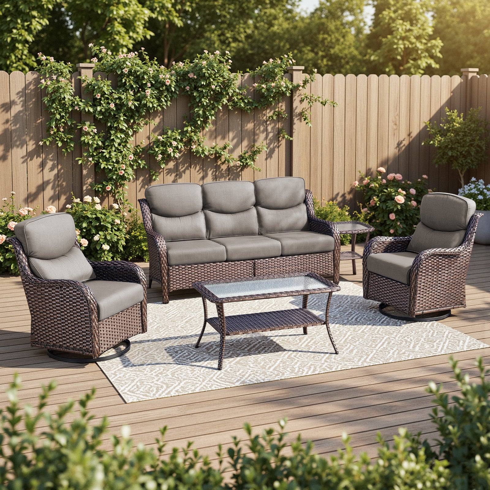 POCASSY 5PCS Outdoor Sectional Patio Furniture Set with Swivel Chairs, All Weather Wicker L Shape Outdoor Sectional Sofa Outdoor Conversation Set