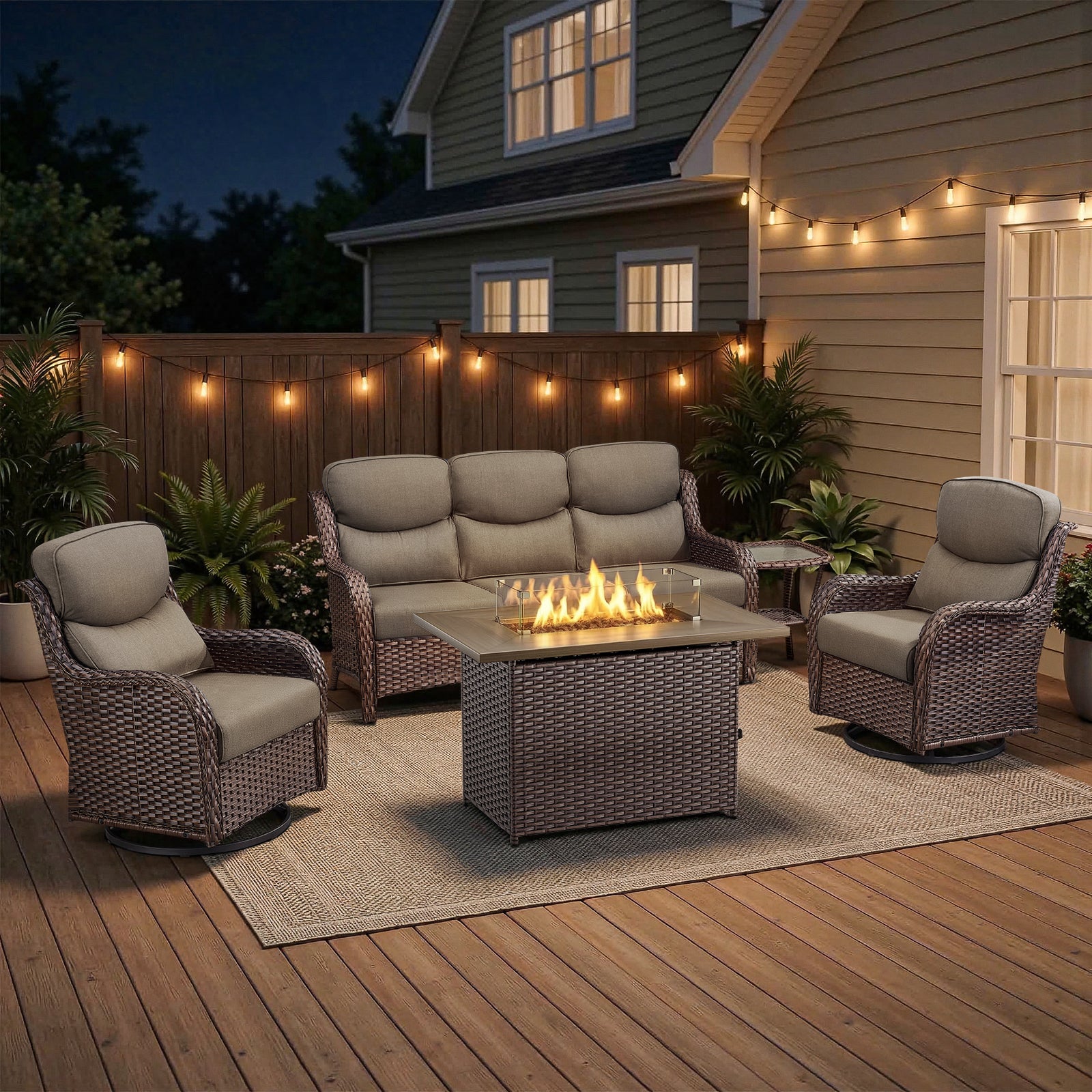 POCASSY 5-Piece Patio Furniture Set with Fire Pit Table, Luxury High Back Rattan Wicker Outdoor Conversation Set with 5-inch Thick Seat Cushion Sofa and Swivel Glider Patio Chair for Porch