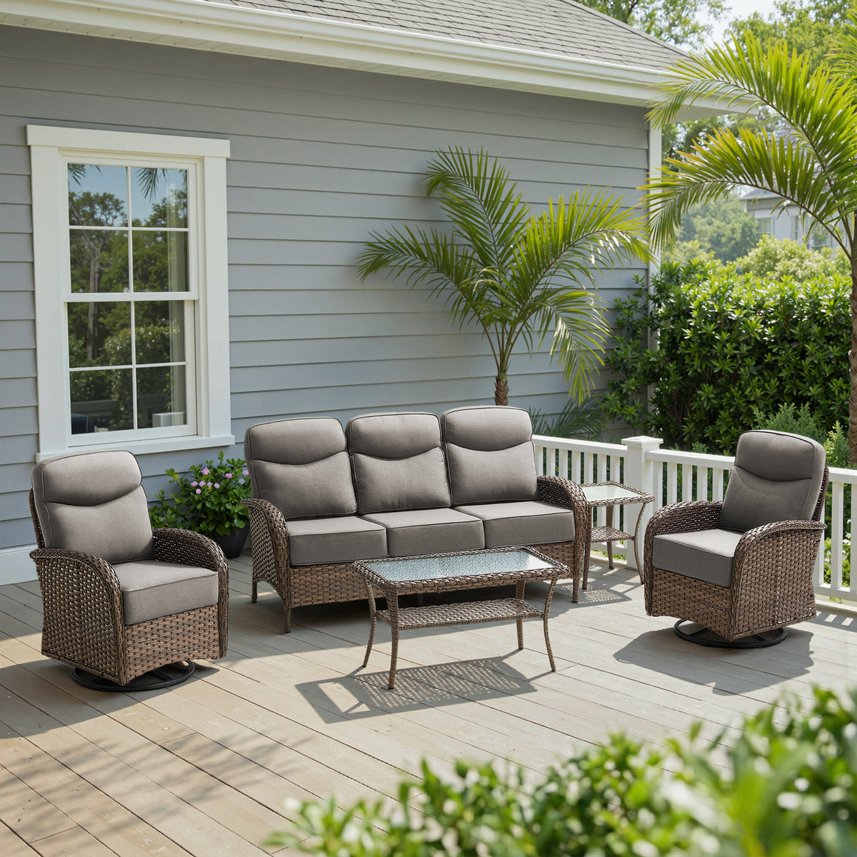 POCASSY 5 Pieces Patio Furniture Set with 6-inch Thick Cushion, Brown Wicker High Back Outdoor Couch and Swivel Glider Patio Chairs, Sectional Patio Set Ideal for Front Porch Backyard