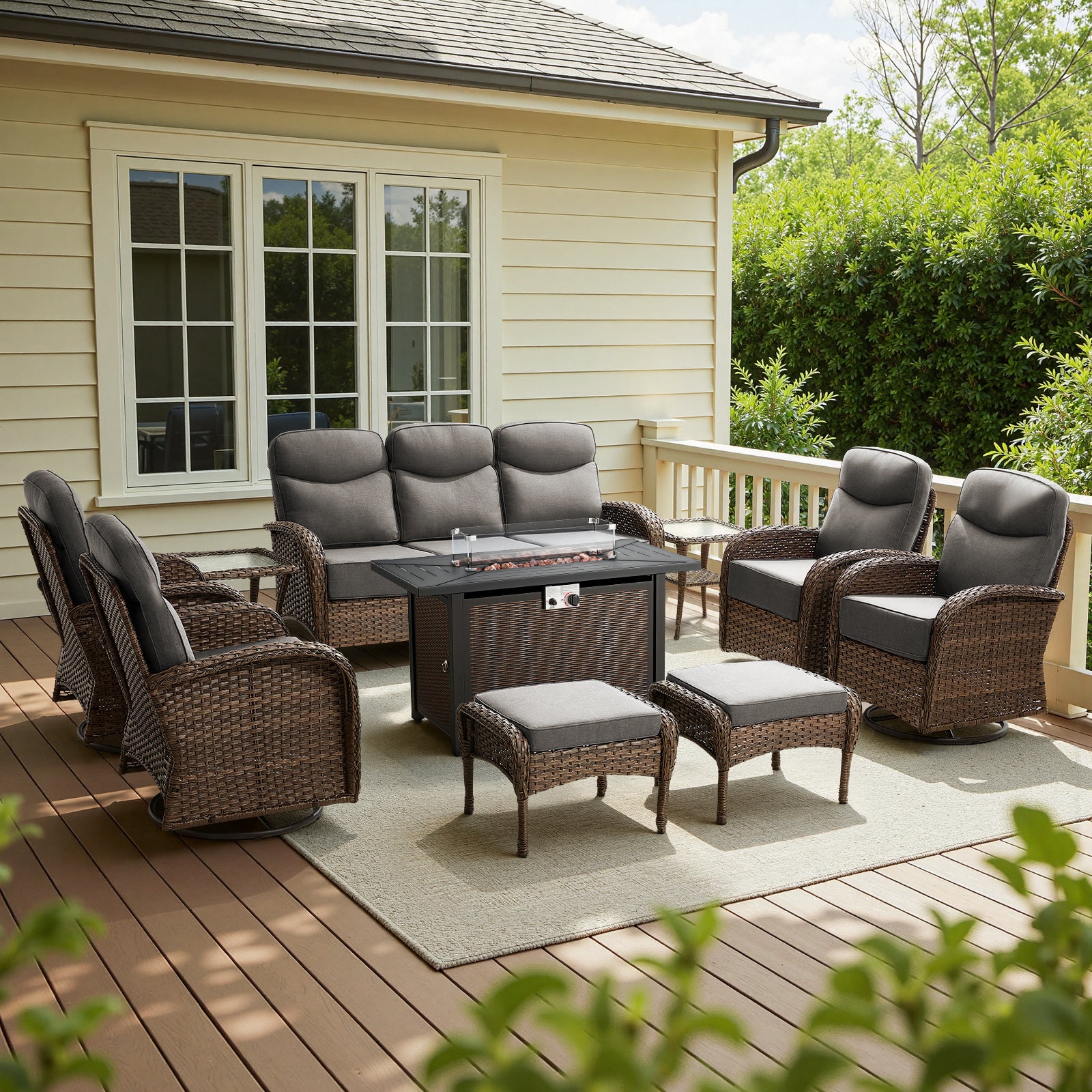 POCASSY 10 Pieces Patio Furniture Set with Firepit Table - 6 Inch Thick Cushion Outdoor Sectional Furniture with Swivel Glider Chairs, Sofa, Ottomans, Side Tables and Propane Metal Firepit Table