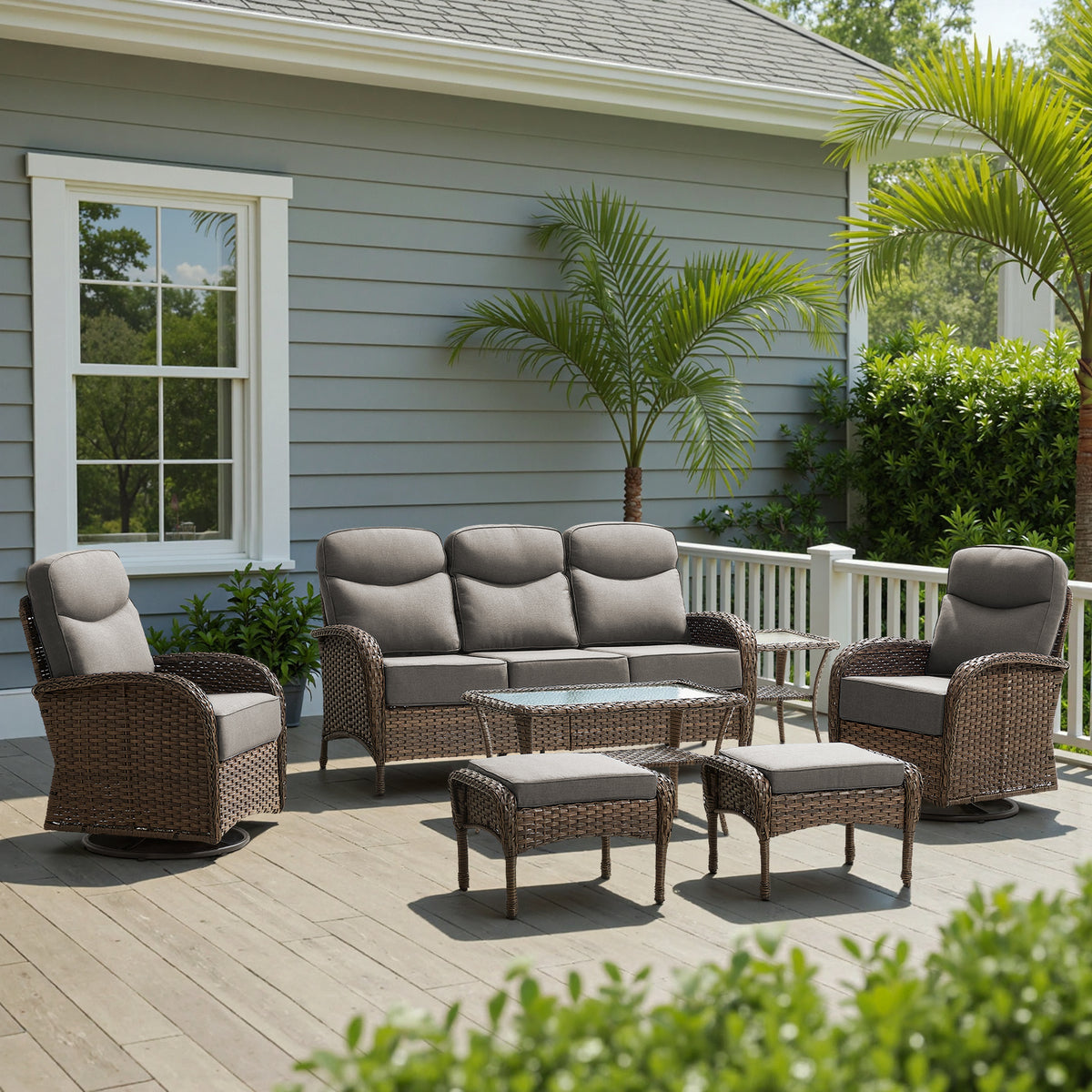 POCASSY 7 Pieces Patio Furniture Set with 6-inch Thick Cushion, Brown Wicker High Back Outdoor Couch and Swivel Glider Patio Chairs, Sectional Patio Set Ideal for Front Porch Backyard