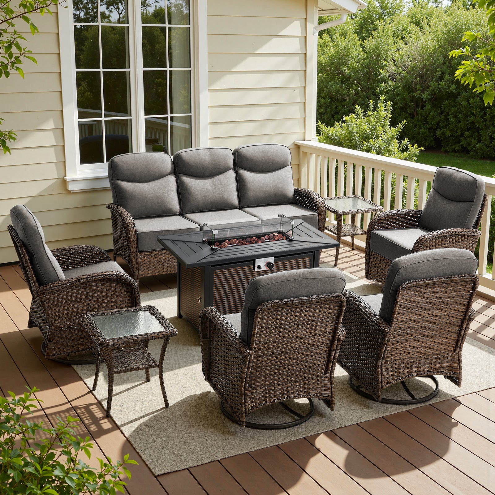 POCASSY 8 Pieces Outdoor Patio Furniture Set with Swivel Glider Chairs Set of 4, Wicker Conversation Set with 50000BTU Propane Fire Pit for Patio Porch Deck