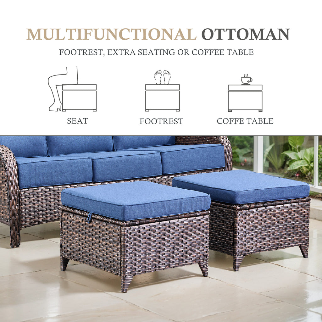 POCASSY 6-Piece Outdoor Patio Furniture Set, Brown Wicker Conversation Set with Sofa, 2 Swivel Rocking Chairs, 2 Ottomans and 6-Inch Extra Thick Blue Cushions