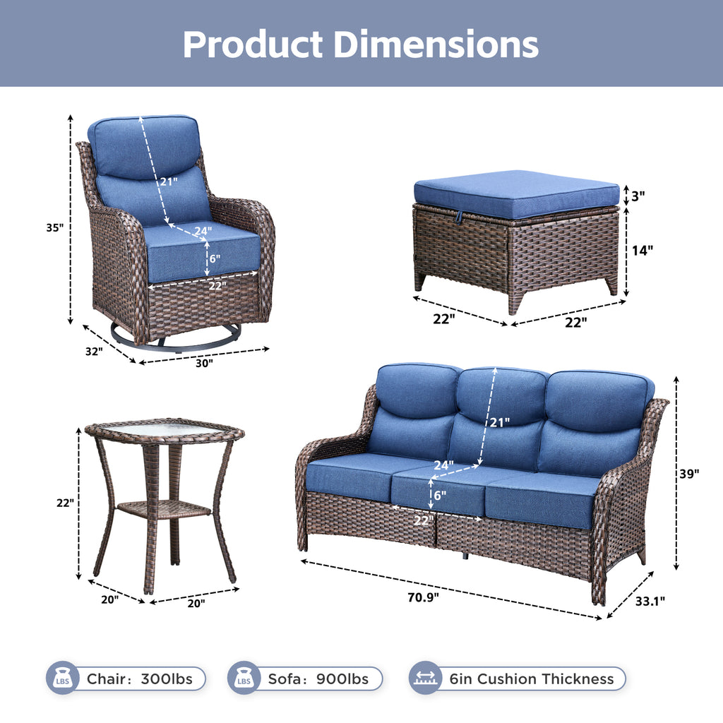 POCASSY 6-Piece Outdoor Patio Furniture Set, Brown Wicker Conversation Set with Sofa, 2 Swivel Rocking Chairs, 2 Ottomans and 6-Inch Extra Thick Blue Cushions