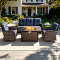 POCASSY 5PCS Outdoor Patio Furniture Set, Patio Furniture Set with Fire Pit Table Wicker Patio Couch Outdoor Swivel Chair and 43" Propane Firepit Table Rectangular