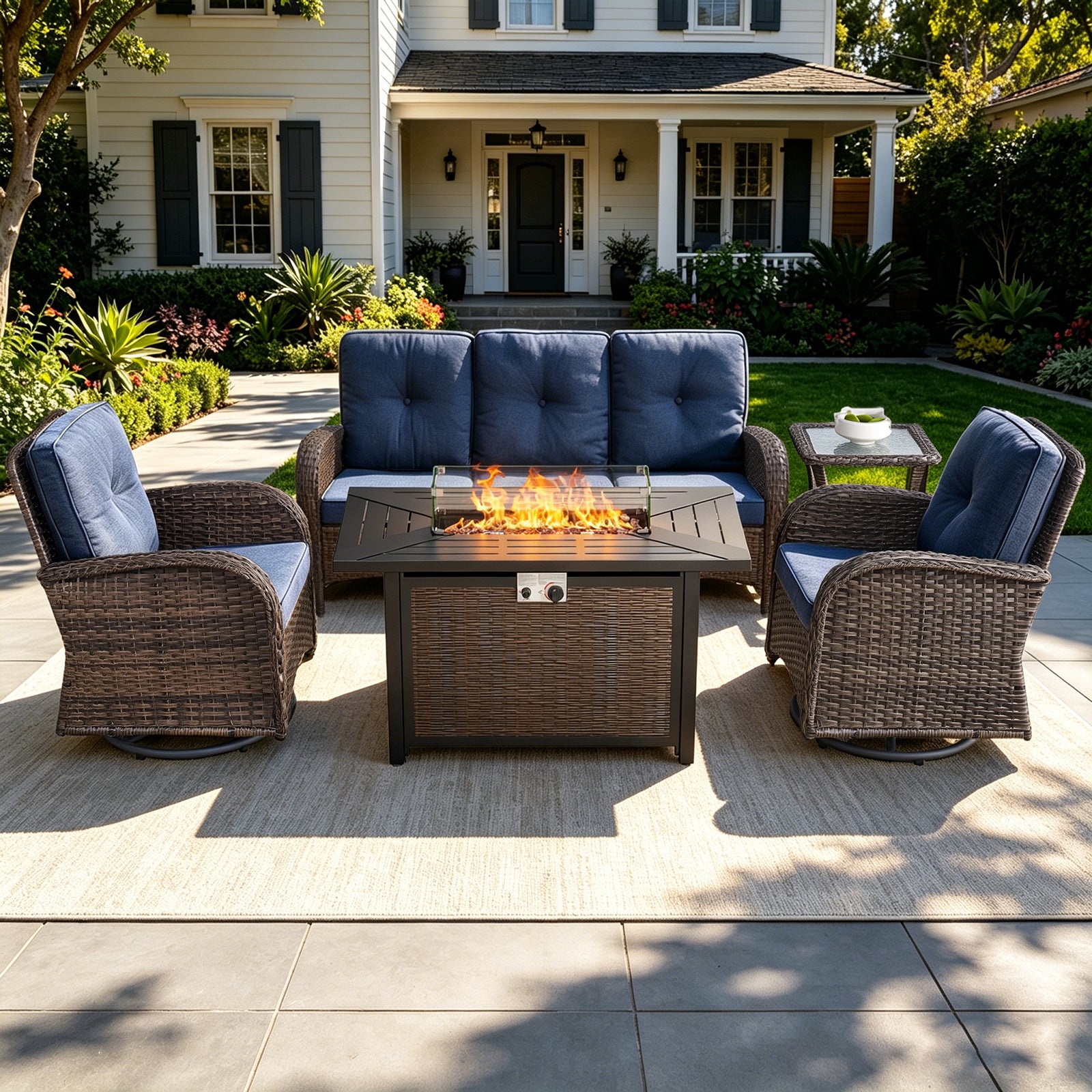 POCASSY 5PCS Outdoor Patio Furniture Set, Patio Furniture Set with Fire Pit Table Wicker Patio Couch Outdoor Swivel Chair and 43" Propane Firepit Table Rectangular