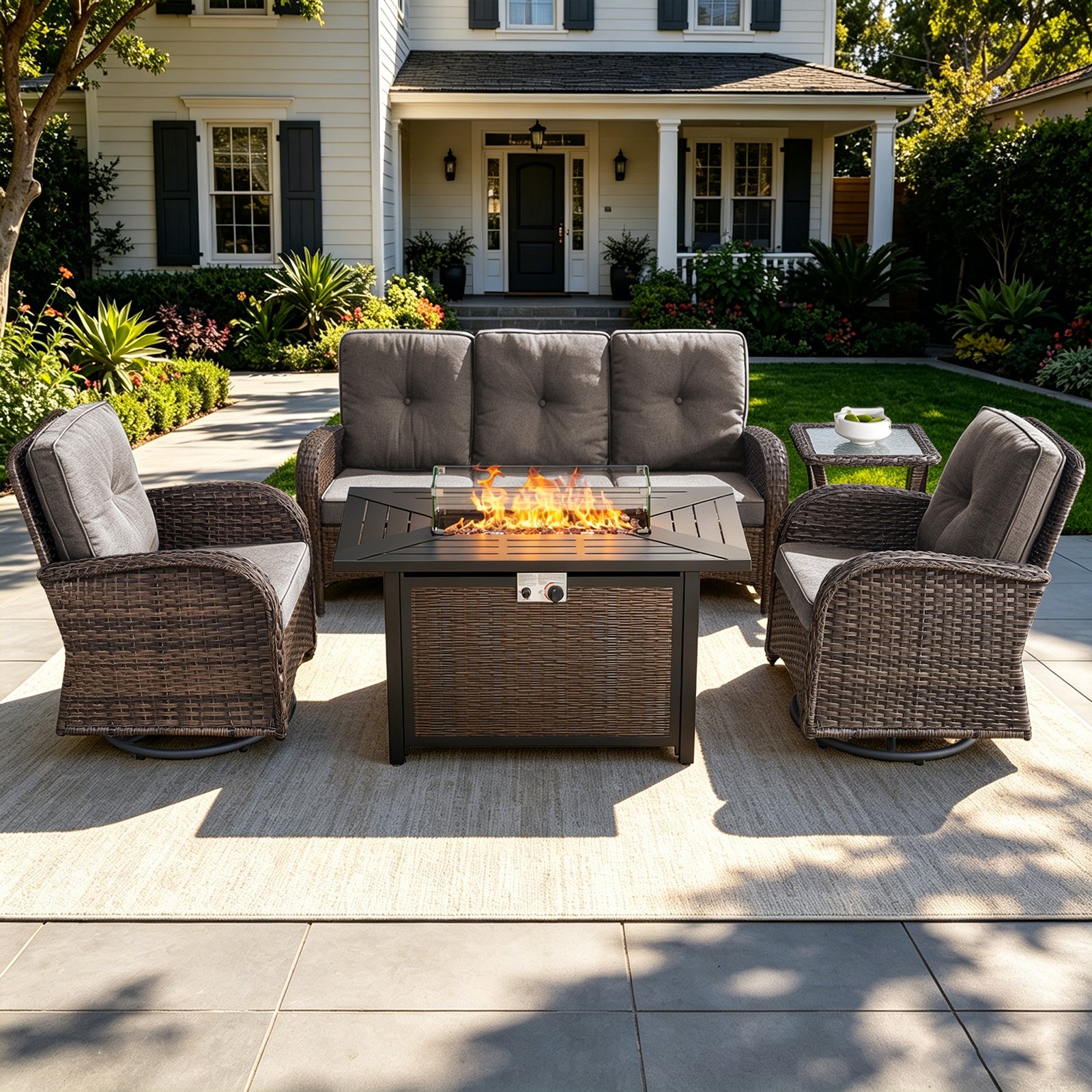 POCASSY 5PCS Outdoor Patio Furniture Set, Patio Furniture Set with Fire Pit Table Wicker Patio Couch Outdoor Swivel Chair and 43" Propane Firepit Table Rectangular