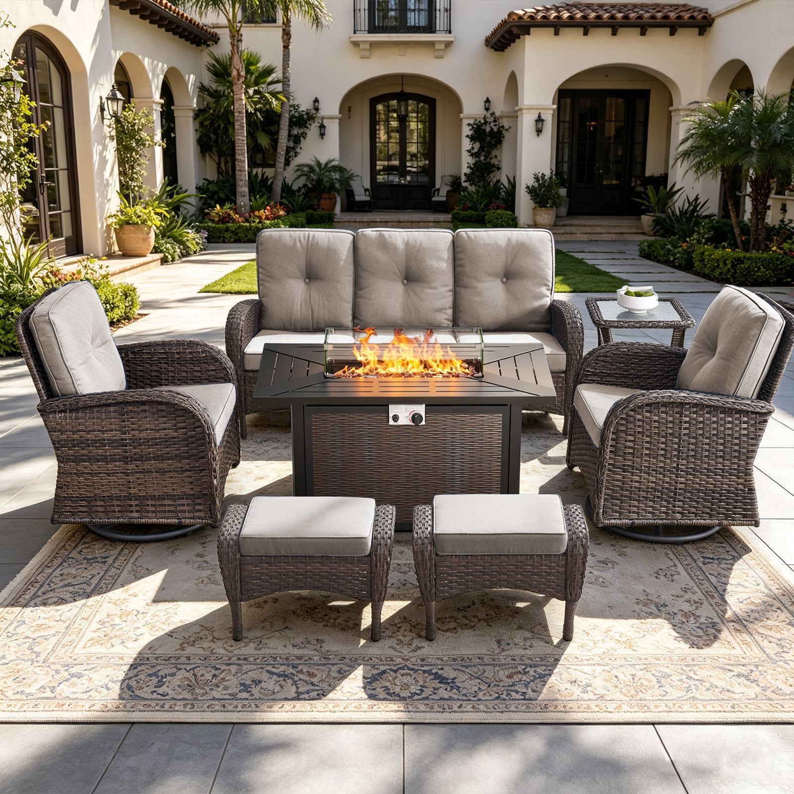 POCASSY 7 Piece Outdoor Patio Furniture Set, Patio Furniture Set with Fire Pit Table Rattan Wicker Patio Furniture Set