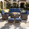 POCASSY 7 Piece Outdoor Patio Furniture Set, Patio Furniture Set with Fire Pit Table Rattan Wicker Patio Furniture Set