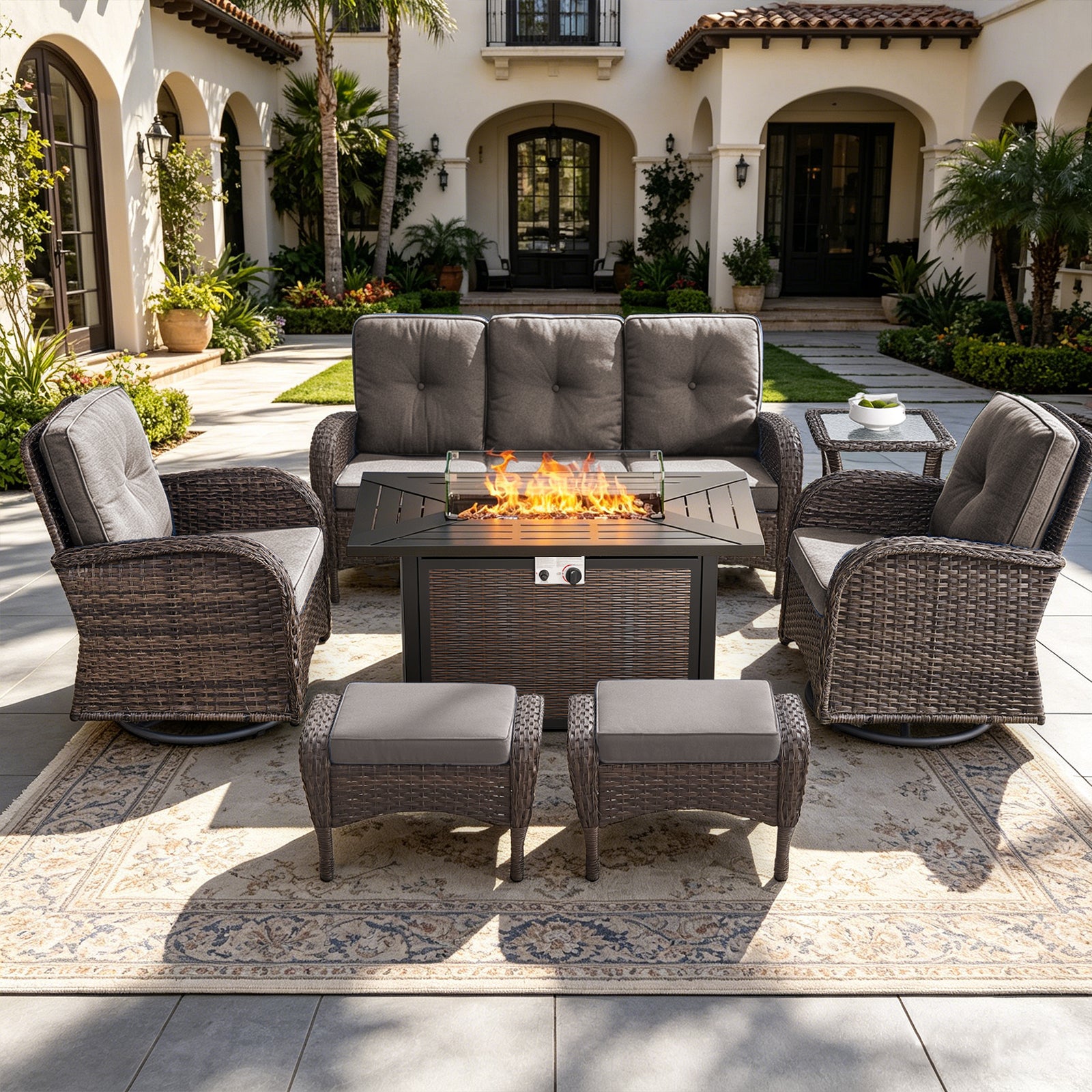 POCASSY 7 Piece Outdoor Patio Furniture Set, Patio Furniture Set with Fire Pit Table Rattan Wicker Patio Furniture Set