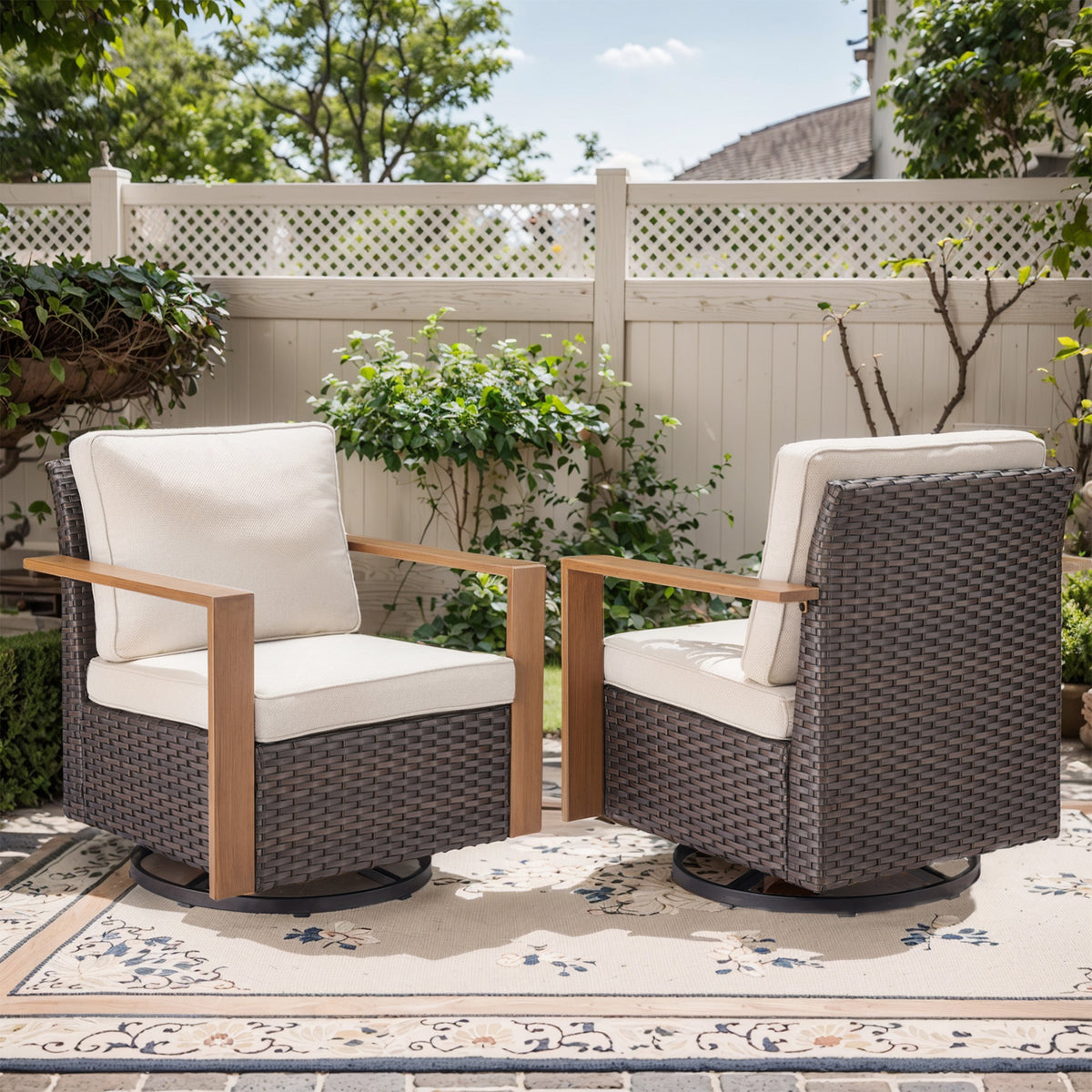 POCASSY Patio Swivel Chairs Set of 2, Outdoor Rocking Chairs with Wood Grain Finish Square Armrest All Weather Wicker Glider Rocking Patio Chairs for Porch Deck Balcony