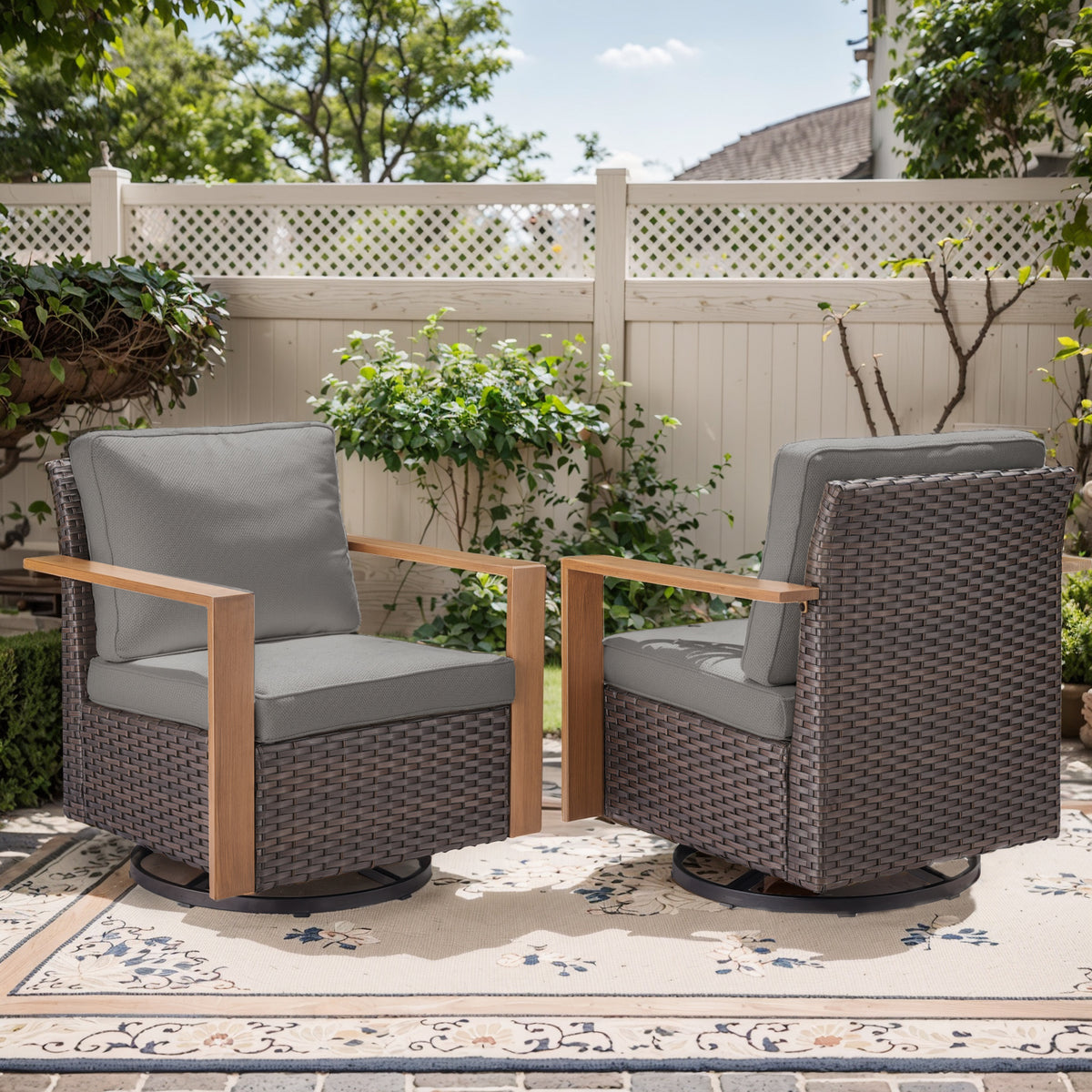 POCASSY Patio Swivel Chairs Set of 2, Outdoor Rocking Chairs with Wood Grain Finish Square Armrest All Weather Wicker Glider Rocking Patio Chairs for Porch Deck Balcony