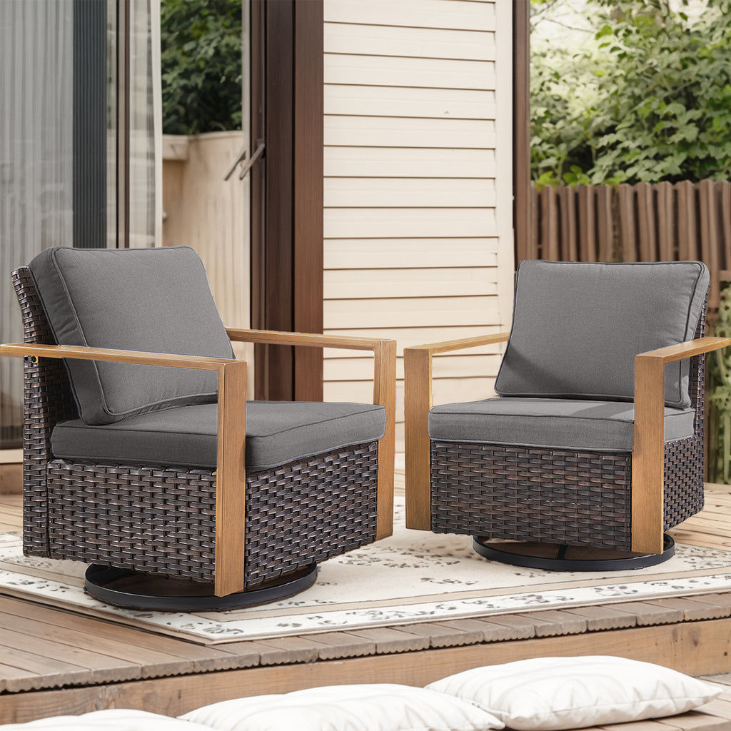 POCASSY Patio Swivel Chairs Set of 2, Outdoor Rocking Chairs with Wood Grain Finish Square Armrest All Weather Wicker Glider Rocking Patio Chairs for Porch Deck Balcony