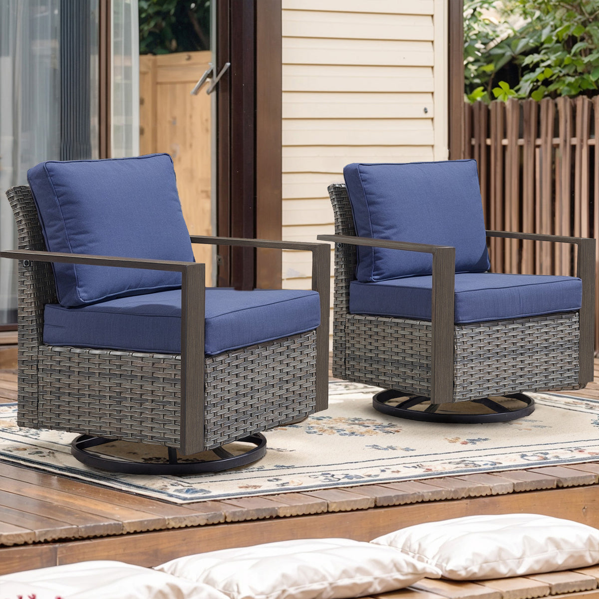 POCASSY Patio Swivel Chairs Set of 2, Outdoor Rocking Chairs with Wood Grain Finish Square Armrest All Weather Wicker Glider Rocking Patio Chairs for Porch Deck Balcony