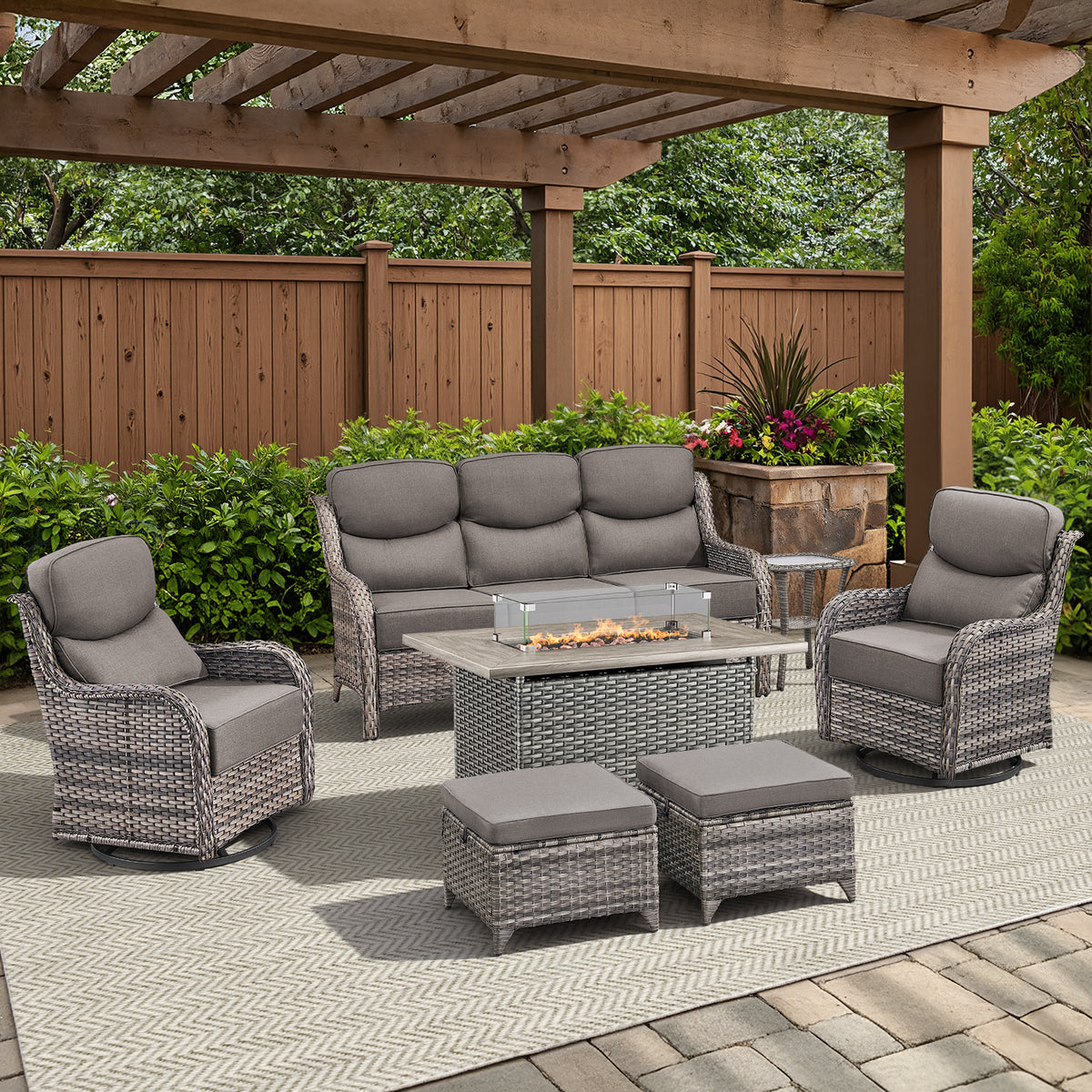 Pocassy All Weather Wicker Patio Furniture Set 7 Pieces, 6-INCH Extra Thick Cushion Outdoor Patio Firepit Set with Patio Sofa, Swivel Glider Chair, Ottoman, 41" Fire Pit Table