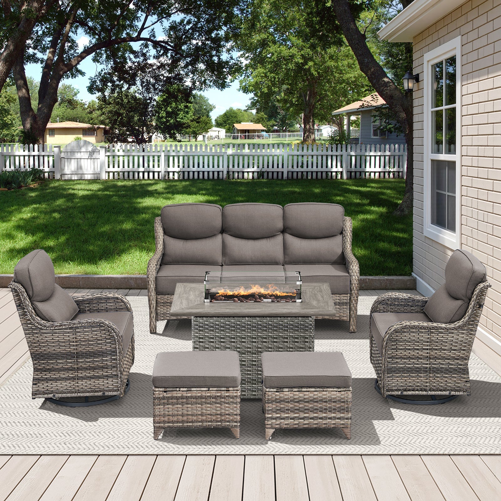 POCASSY All Weather Wicker Patio Furniture Set 6 Pieces, 6-INCH Extra Thick Cushion Outdoor Patio Firepit Set with Patio Sofa, Swivel Glider Chair, Ottoman, 41" Fire Pit Table