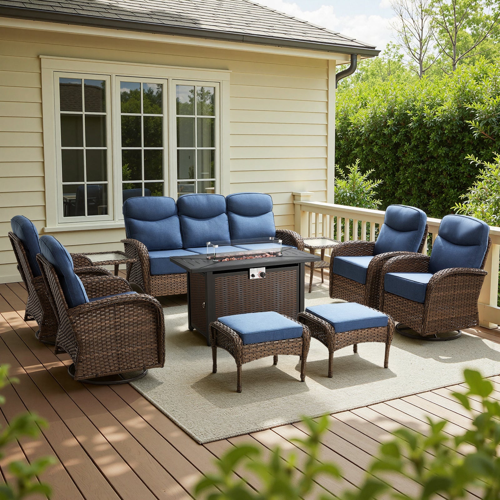 POCASSY 10 Pieces Patio Furniture Set with Firepit Table - 6 Inch Thick Cushion Outdoor Sectional Furniture with Swivel Glider Chairs, Sofa, Ottomans, Side Tables and Propane Metal Firepit Table