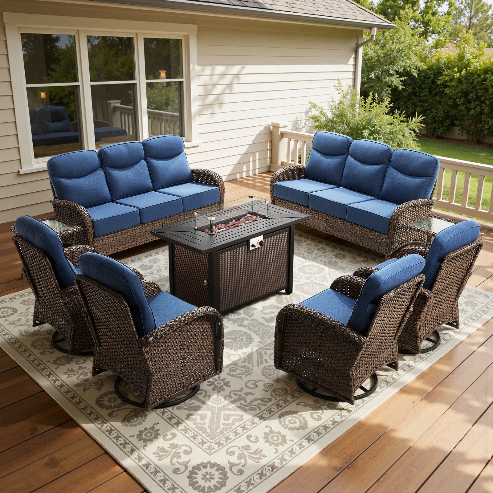 POCASSY 9-Piece Outdoor Patio Furniture Set with Firepit - 6 Inch Thick Cushion Outdoor Conversation Set with 2 Sofas, 4 Swivel Glider Chairs, 2 Side Tables, and Propane Fire Pit Table
