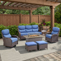 Pocassy All Weather Wicker Patio Furniture Set 7 Pieces, 6-INCH Extra Thick Cushion Outdoor Patio Firepit Set with Patio Sofa, Swivel Glider Chair, Ottoman, 41" Fire Pit Table