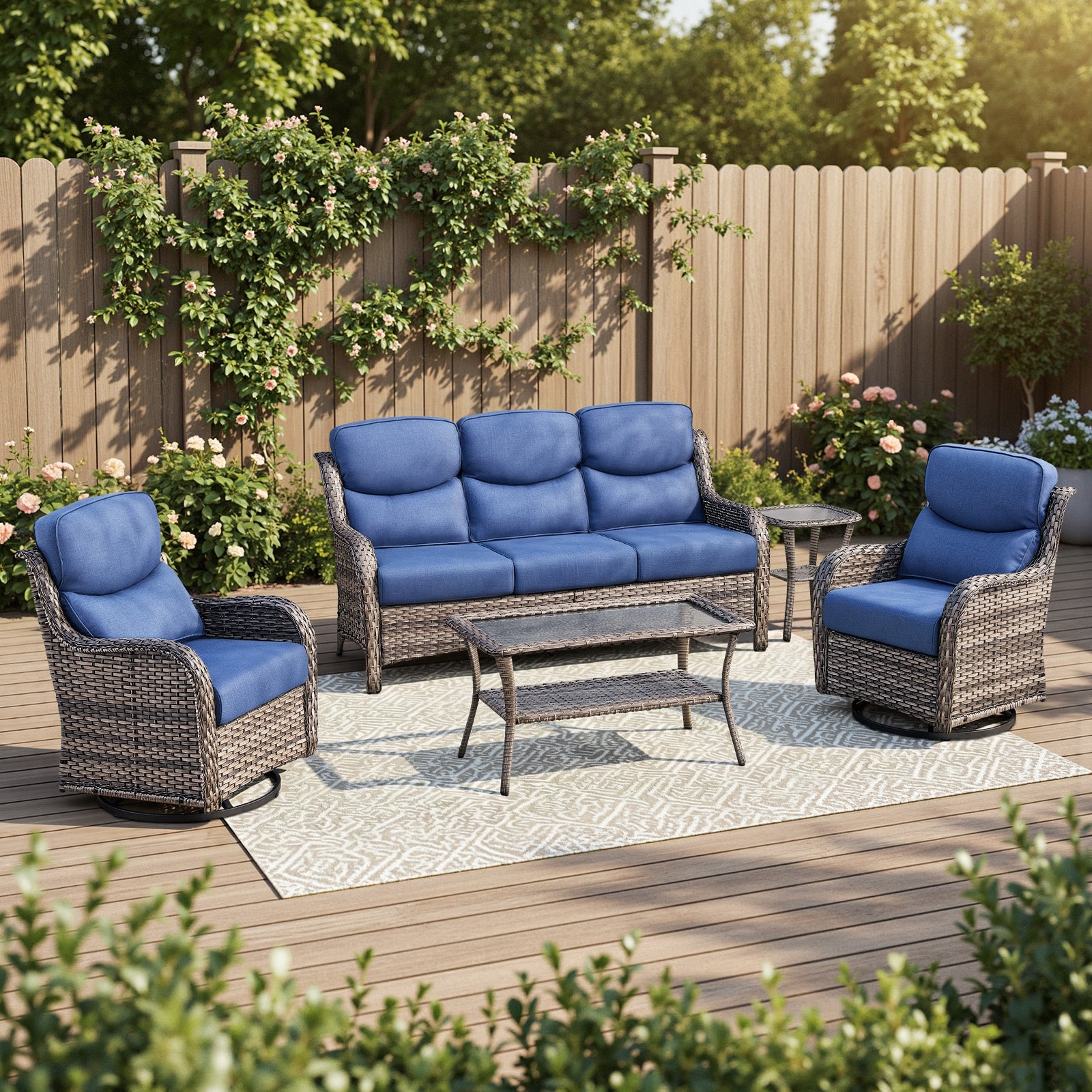POCASSY 5PCS Outdoor Sectional Patio Furniture Set with Swivel Chairs, All Weather Wicker L Shape Outdoor Sectional Sofa Outdoor Conversation Set