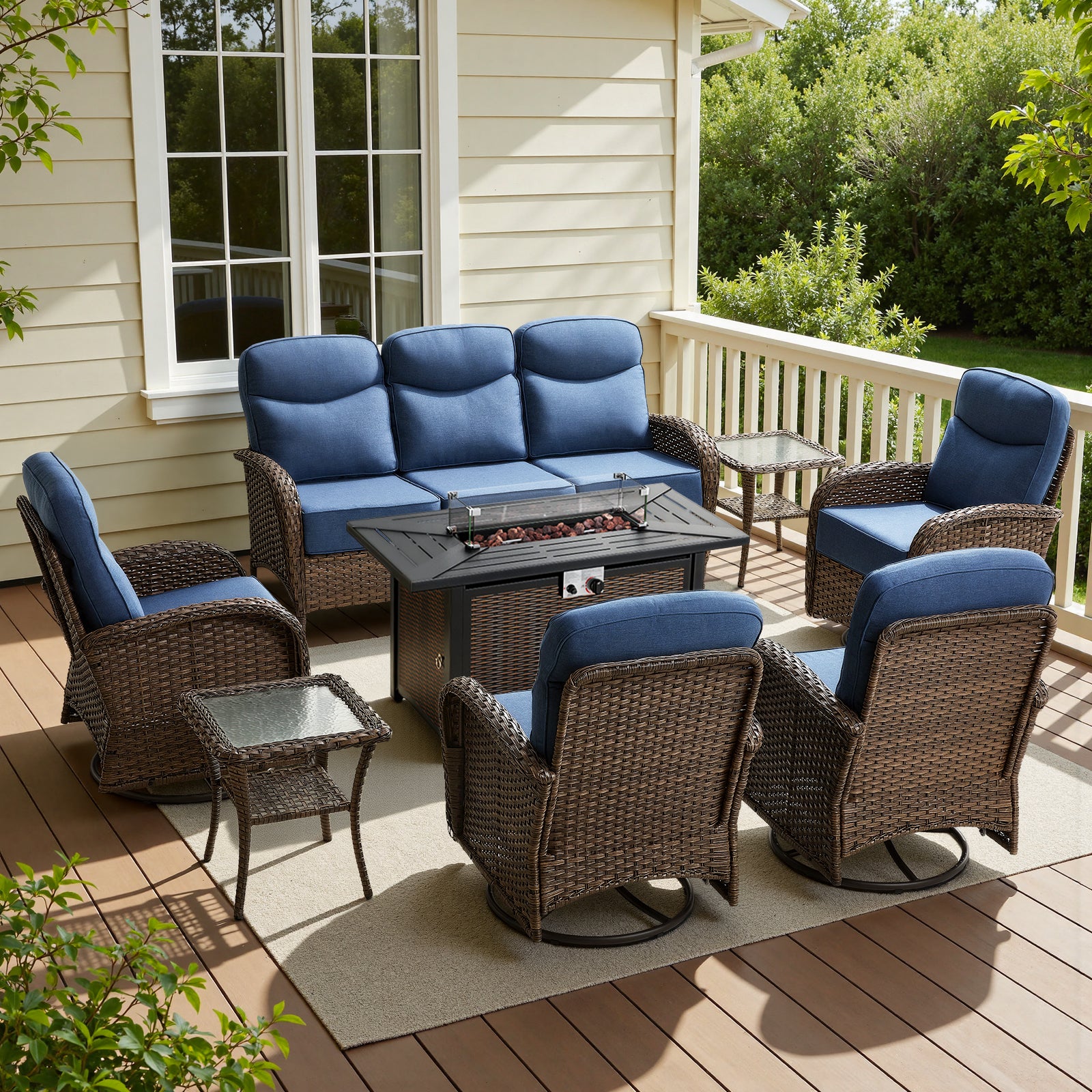 POCASSY 8 Pieces Outdoor Patio Furniture Set with Swivel Glider Chairs Set of 4, Wicker Conversation Set with 50000BTU Propane Fire Pit for Patio Porch Deck