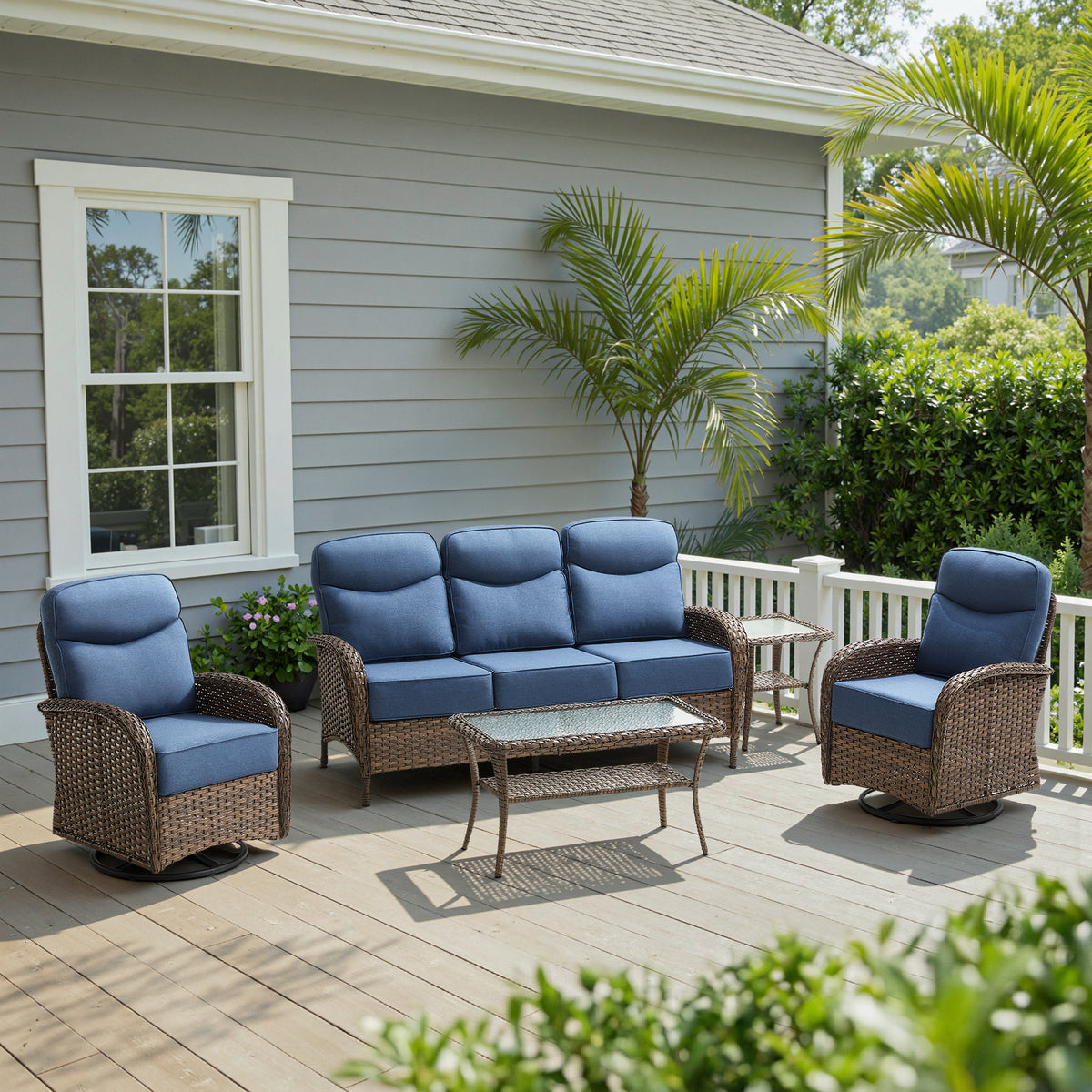 POCASSY 5 Pieces Patio Furniture Set with 6-inch Thick Cushion, Brown Wicker High Back Outdoor Couch and Swivel Glider Patio Chairs, Sectional Patio Set Ideal for Front Porch Backyard