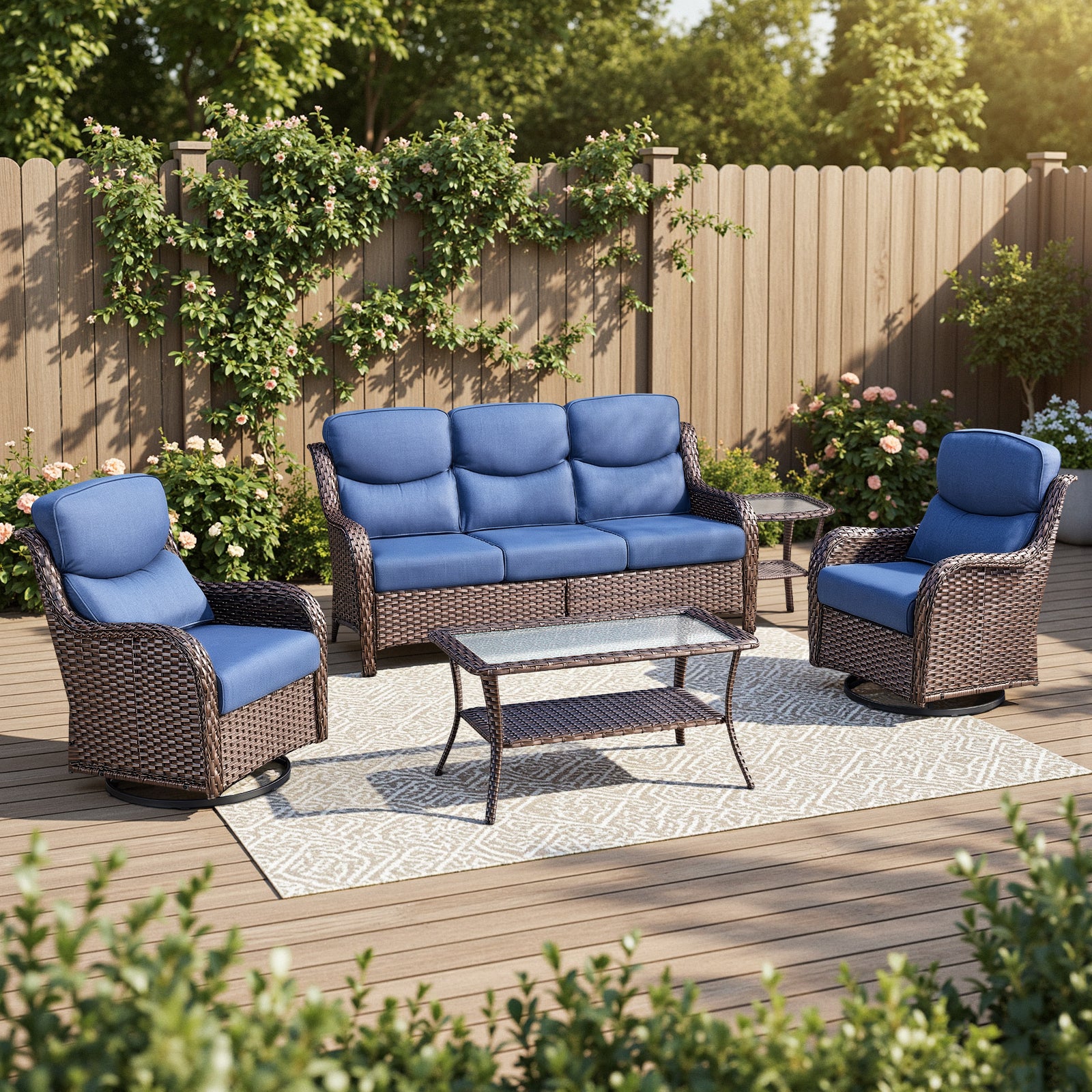 POCASSY 5PCS Outdoor Sectional Patio Furniture Set with Swivel Chairs, All Weather Wicker L Shape Outdoor Sectional Sofa Outdoor Conversation Set
