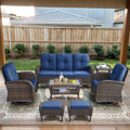 POCASSY 7 Pieces Patio Furniture Set All Weather Wicker Conversation Set with Coffee Table, Sofa, Swivel Rocking Chair, Ottoman and Side Table for Pool, Backyard, Garden